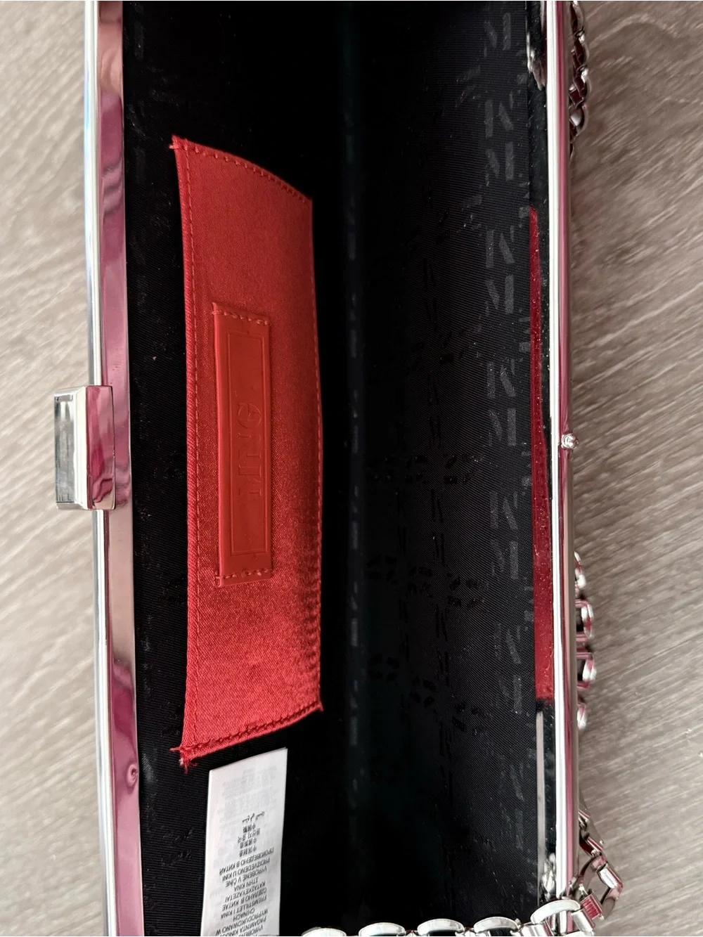 Mango Red Satin Clutch with Silver Chain Handle